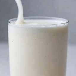 Close-up view of a glass of cold, fresh milk with droplets of condensation on the outside, against a soft light background