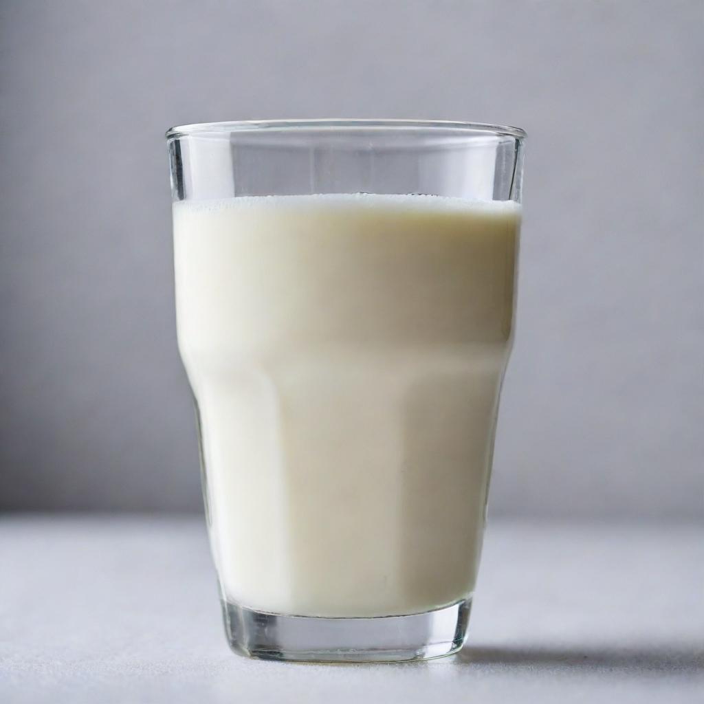 Close-up view of a glass of cold, fresh milk with droplets of condensation on the outside, against a soft light background