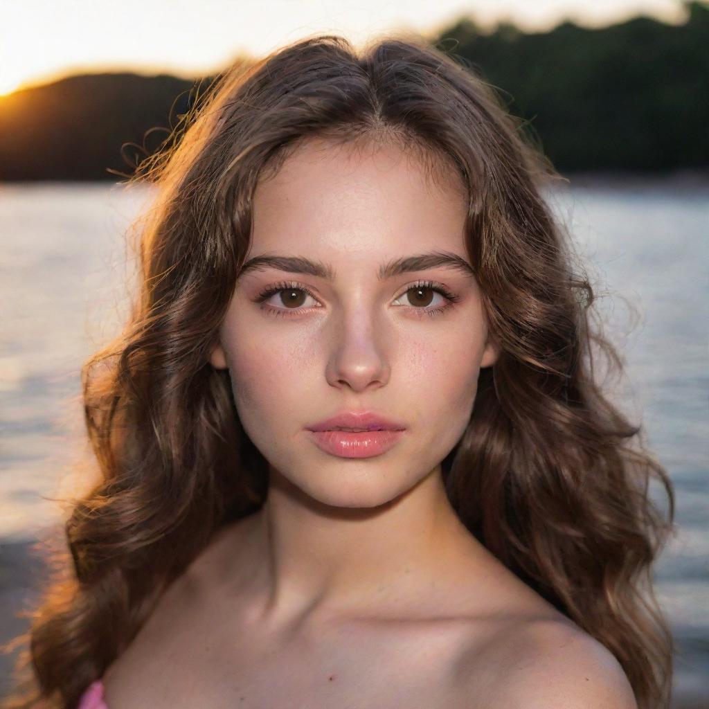 A girl with dark white skin, wavy brown hair, brown eyes, pink lips, a small mole on her lip, a small nose, bathed in the warm glow of sunset.