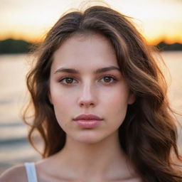 A girl with dark white skin, wavy brown hair, brown eyes, pink lips, a small mole on her lip, a small nose, bathed in the warm glow of sunset.