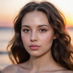 A girl with dark white skin, wavy brown hair, brown eyes, pink lips, a small mole on her lip, a small nose, bathed in the warm glow of sunset.