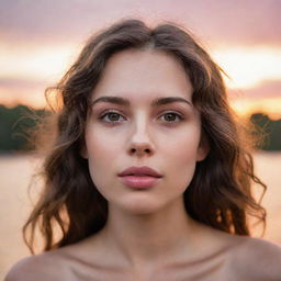 A girl with dark white skin, wavy brown hair, brown eyes, pink lips, a small mole on her lip, a small nose, bathed in the warm glow of sunset.