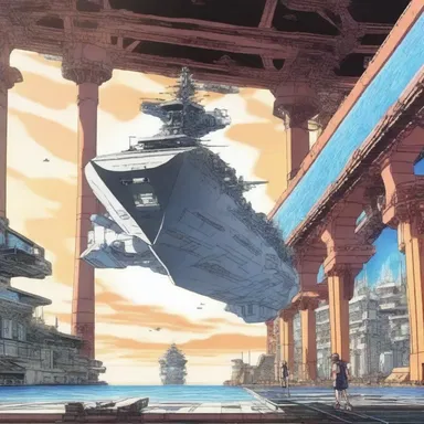In the anime series, the battle between the main characters took place on the beam-ends of a futuristic ship.