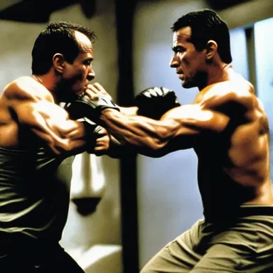 The action movie's intense fight scene features the protagonist headbutting the villain to gain an upper hand.