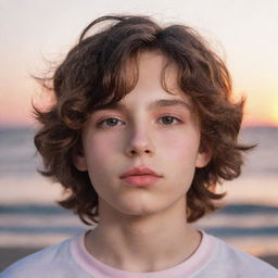 A boy with dark white skin, wavy brown hair, brown eyes, and pink lips. He has a small mole on his lip and a small nose, all set against an enchanting sunset.