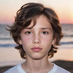 A boy with dark white skin, wavy brown hair, brown eyes, and pink lips. He has a small mole on his lip and a small nose, all set against an enchanting sunset.