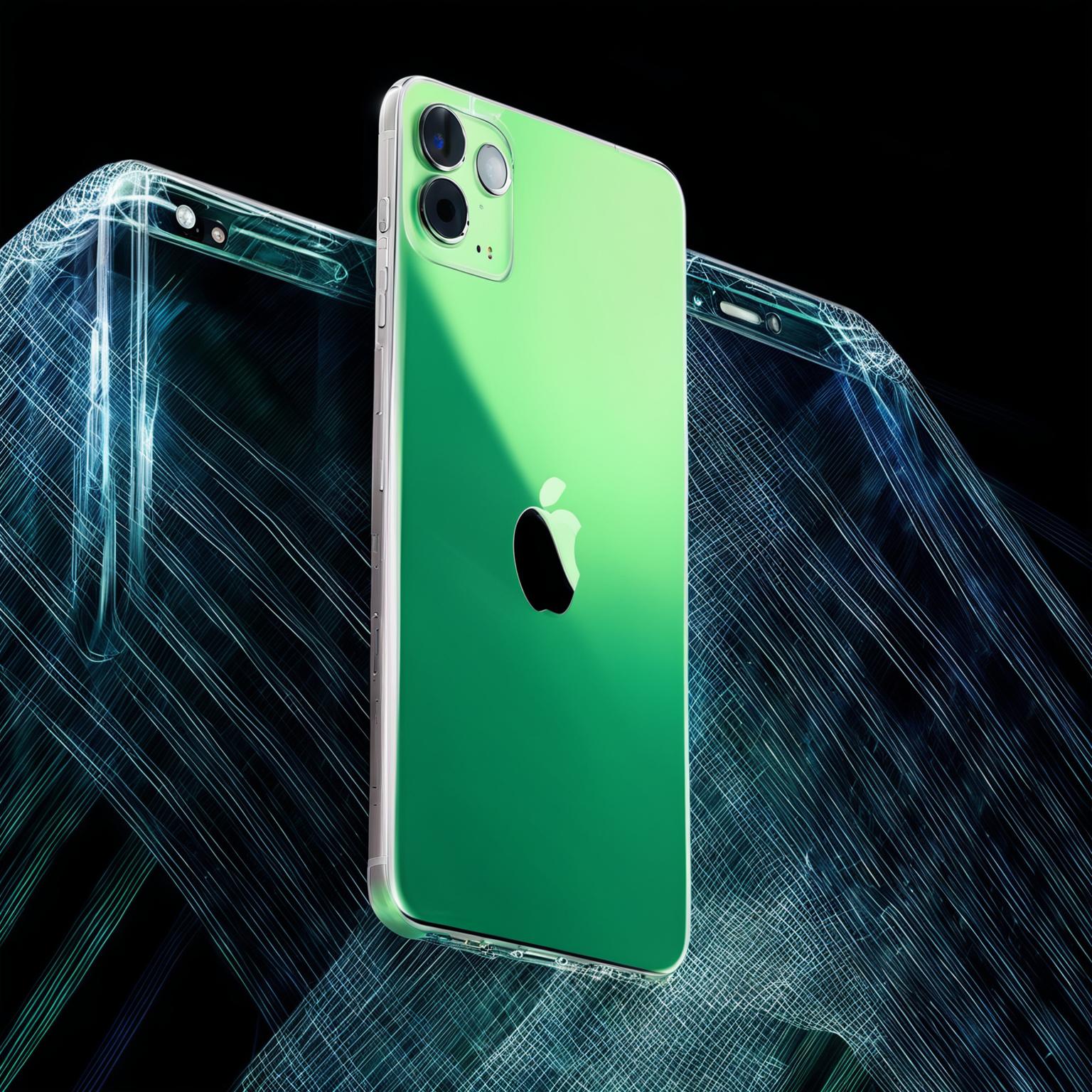 A digital art image of the iPhone 20, showcasing its sleek design, large screen, and triple-lens rear camera system