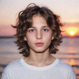 A boy with dark white skin, wavy brown hair, brown eyes, and pink lips. He has a small mole on his lip and a small nose, all set against an enchanting sunset.