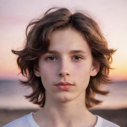 A boy with dark white skin, wavy brown hair, brown eyes, and pink lips. He has a small mole on his lip and a small nose, all set against an enchanting sunset.