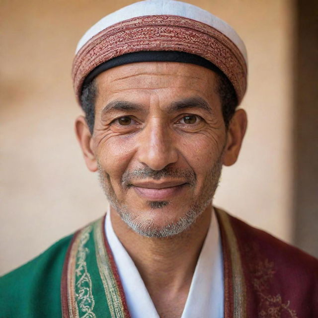 A portrait of an Algerian man dressed in traditional clothing with a warm and friendly expression