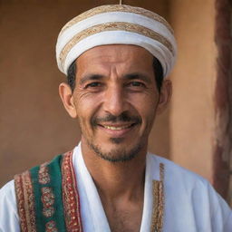 A portrait of an Algerian man dressed in traditional clothing with a warm and friendly expression