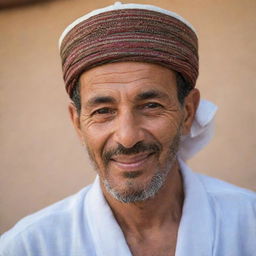 A portrait of an Algerian man dressed in traditional clothing with a warm and friendly expression