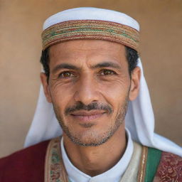 A portrait of an Algerian man dressed in traditional clothing with a warm and friendly expression