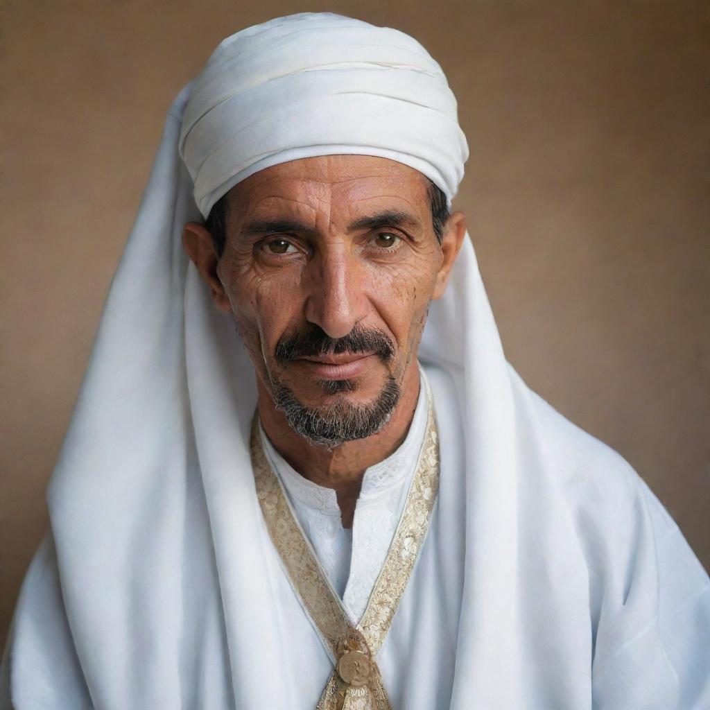 A portrait of an Algerian man, donning a white gandoura and chechia, traditionally worn in Algeria, and emanating an affable aura