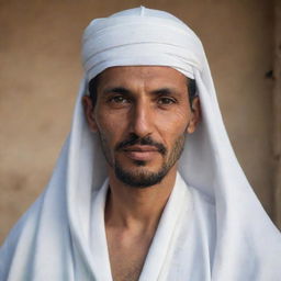 A portrait of an Algerian man, donning a white gandoura and chechia, traditionally worn in Algeria, and emanating an affable aura