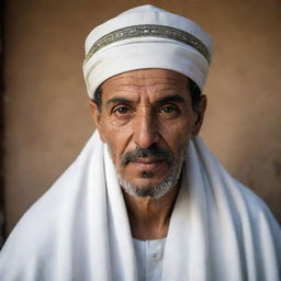 A portrait of an Algerian man, donning a white gandoura and chechia, traditionally worn in Algeria, and emanating an affable aura