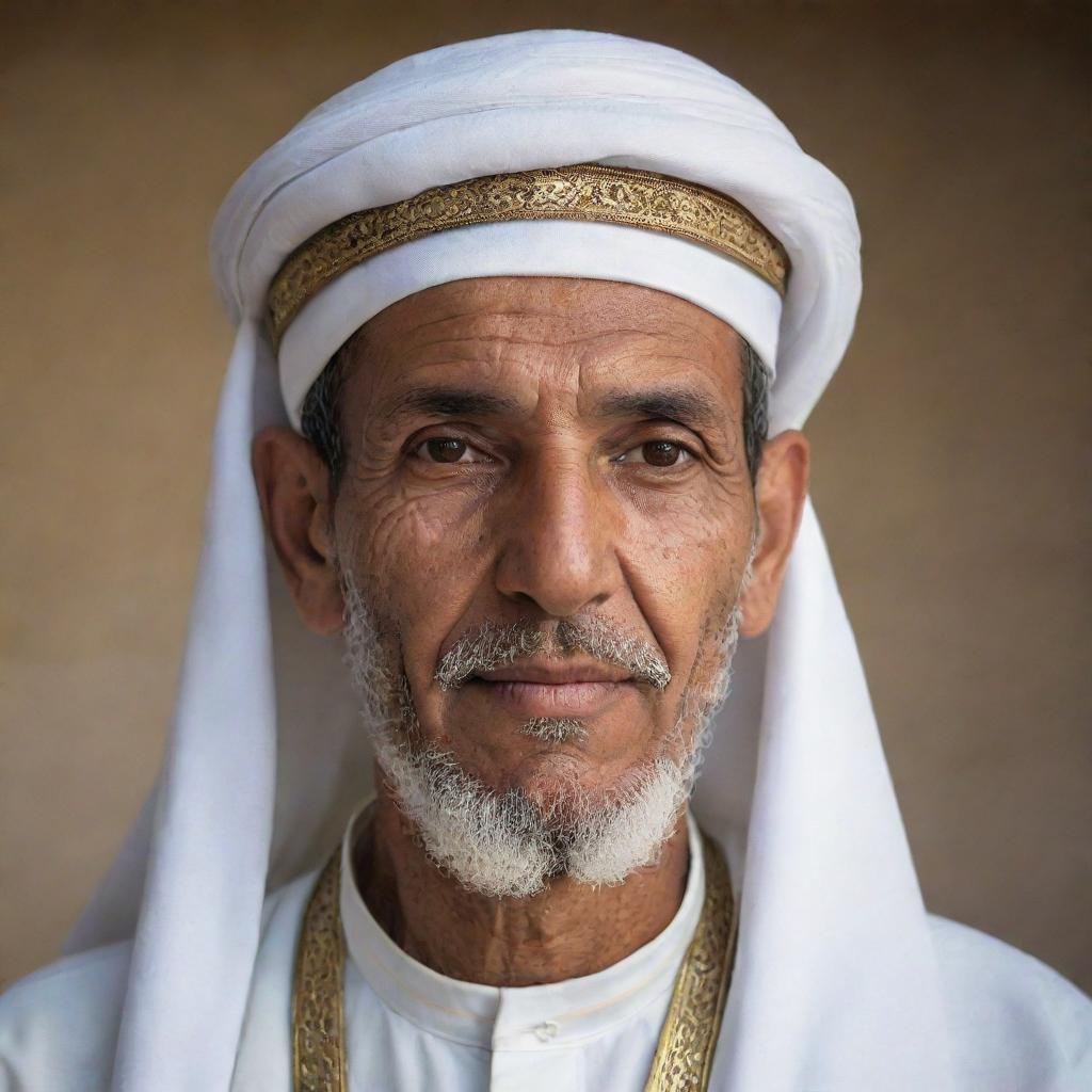 A portrait of an Algerian man, donning a white gandoura and chechia, traditionally worn in Algeria, and emanating an affable aura