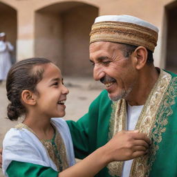 An emotive scene of an Algerian man, dressed in traditional attire, warmly greeting his 10-year-old daughter, her eyes sparkling with joy