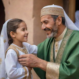 An emotive scene of an Algerian man, dressed in traditional attire, warmly greeting his 10-year-old daughter, her eyes sparkling with joy