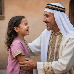 An emotive scene of an Algerian man, dressed in traditional attire, warmly greeting his 10-year-old daughter, her eyes sparkling with joy