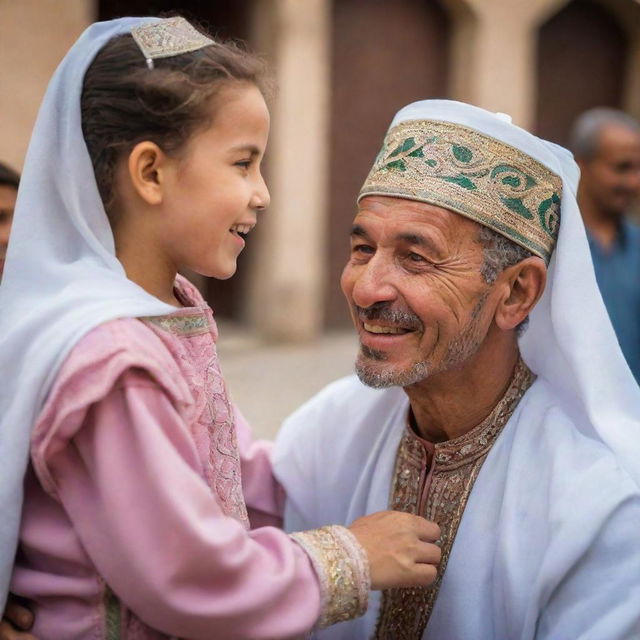 An emotive scene of an Algerian man, dressed in traditional attire, warmly greeting his 10-year-old daughter, her eyes sparkling with joy