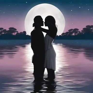 Under the moonlight, the couple shared a passionate moment, their bodies gracefully treading water in sync with their love for each other.