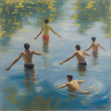 The painting depicted a serene scene of swimmers effortlessly treading water, capturing the beauty and calmness of aquatic movement.