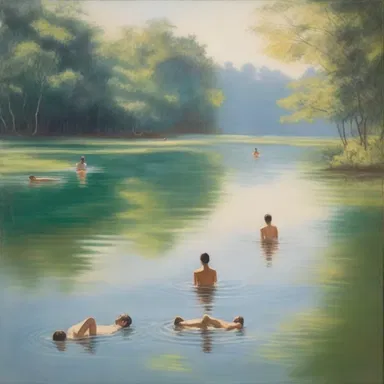 The painting depicted a serene scene of swimmers effortlessly treading water, capturing the beauty and calmness of aquatic movement.