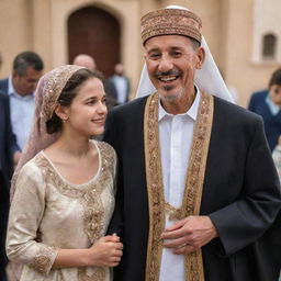 A heartwarming scene of an Algerian man, garbed in traditional attire, reuniting with his 10-year-old daughter and 30-year-old wife, happiness glowing on their faces