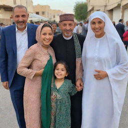 A heartwarming scene of an Algerian man, garbed in traditional attire, reuniting with his 10-year-old daughter and 30-year-old wife, happiness glowing on their faces