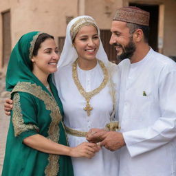 A heartwarming scene of an Algerian man, garbed in traditional attire, reuniting with his 10-year-old daughter and 30-year-old wife, happiness glowing on their faces