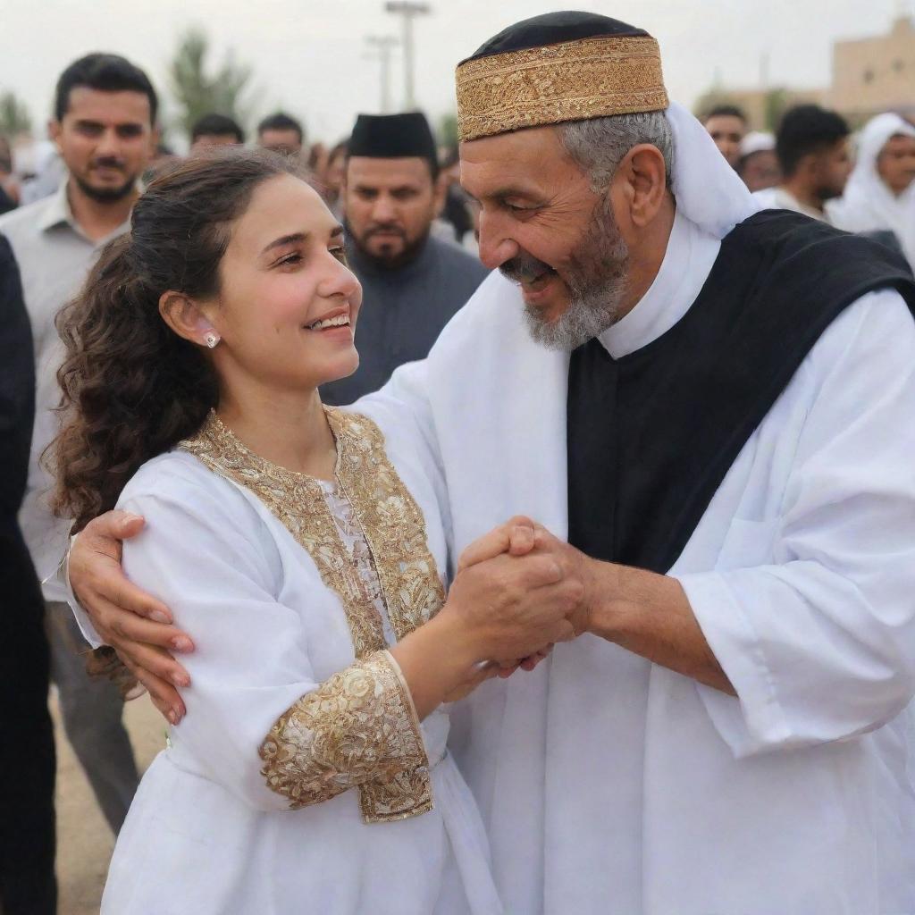 A heartwarming scene of an Algerian man, garbed in traditional attire, reuniting with his 10-year-old daughter and 30-year-old wife, happiness glowing on their faces