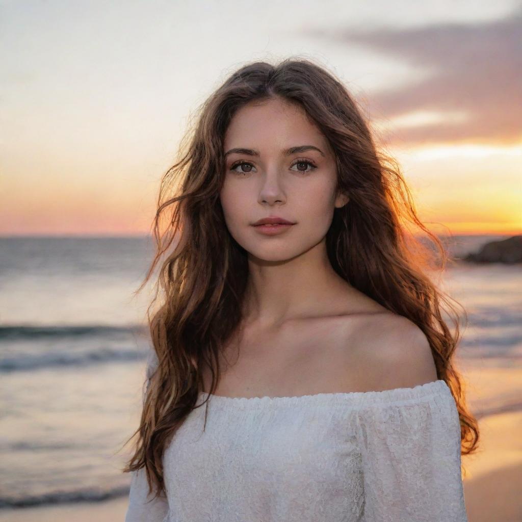 A girl with dark white skin, wavy brown hair, and brown eyes standing in a breathtaking sunset