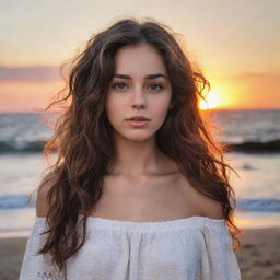 A girl with dark white skin, wavy brown hair, and brown eyes standing in a breathtaking sunset