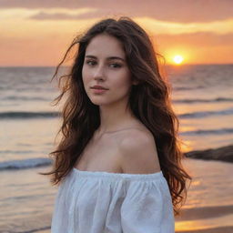 A girl with dark white skin, wavy brown hair, and brown eyes standing in a breathtaking sunset