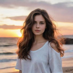 A girl with dark white skin, wavy brown hair, and brown eyes standing in a breathtaking sunset