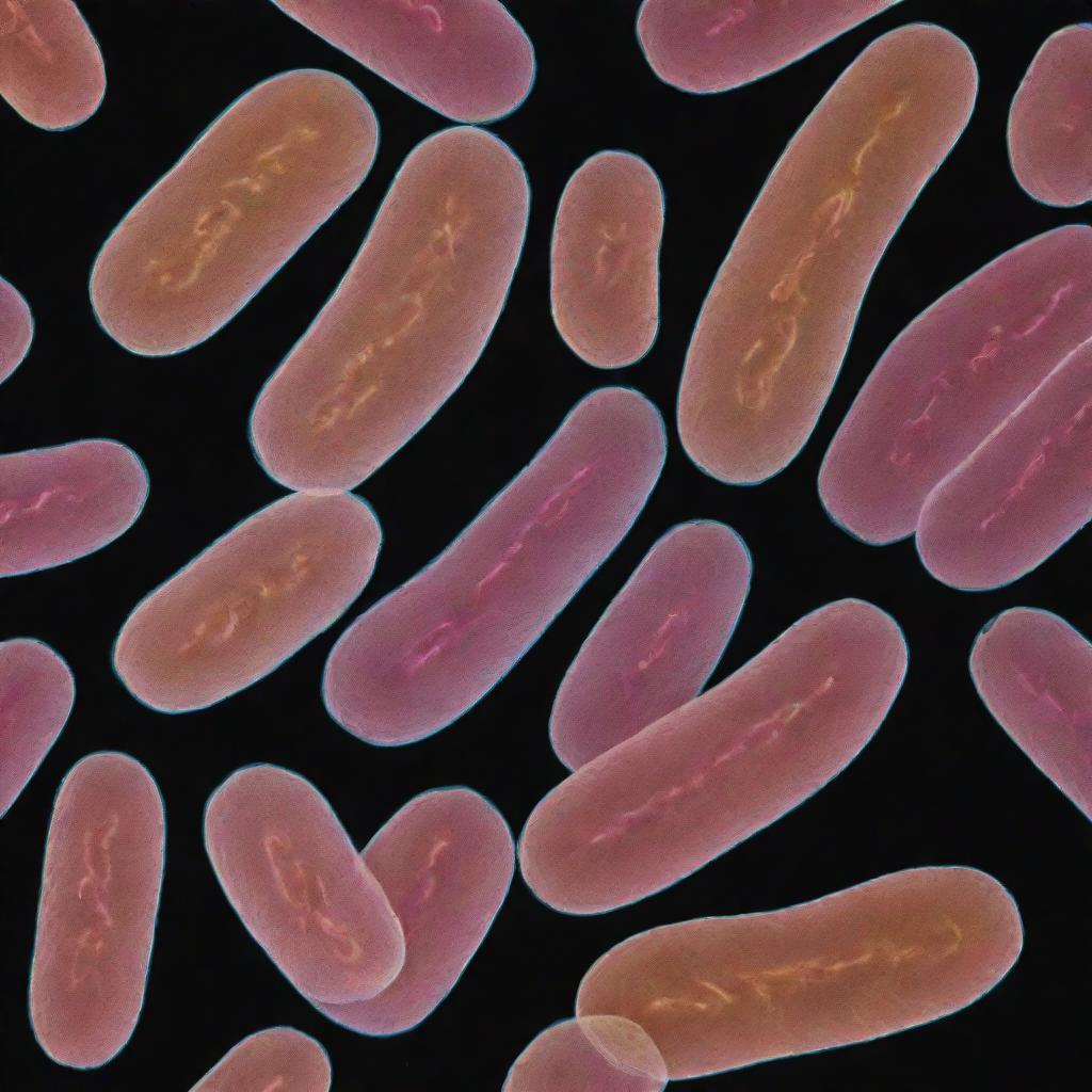 Microscopic view of Methylobacterium bacteria in vibrant colors against a dark background, highlighting their distinctive features.