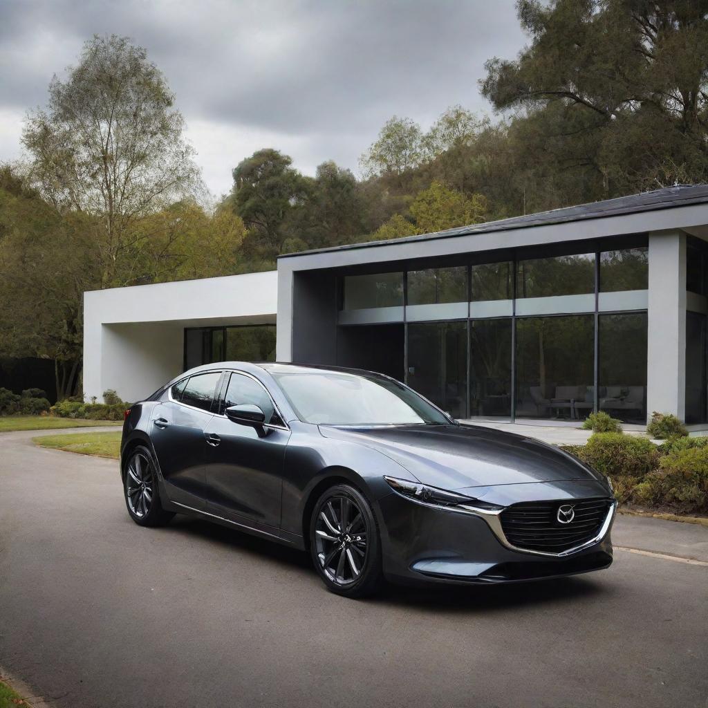 A dazzling family-sized Mazda car in a sleek, stylish and modern design parked on a scenic driveway.