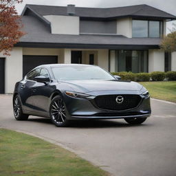 A dazzling family-sized Mazda car in a sleek, stylish and modern design parked on a scenic driveway.