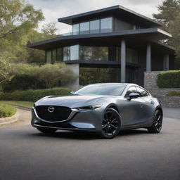 A dazzling family-sized Mazda car in a sleek, stylish and modern design parked on a scenic driveway.