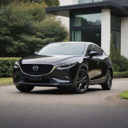 A dazzling family-sized Mazda car in a sleek, stylish and modern design parked on a scenic driveway.