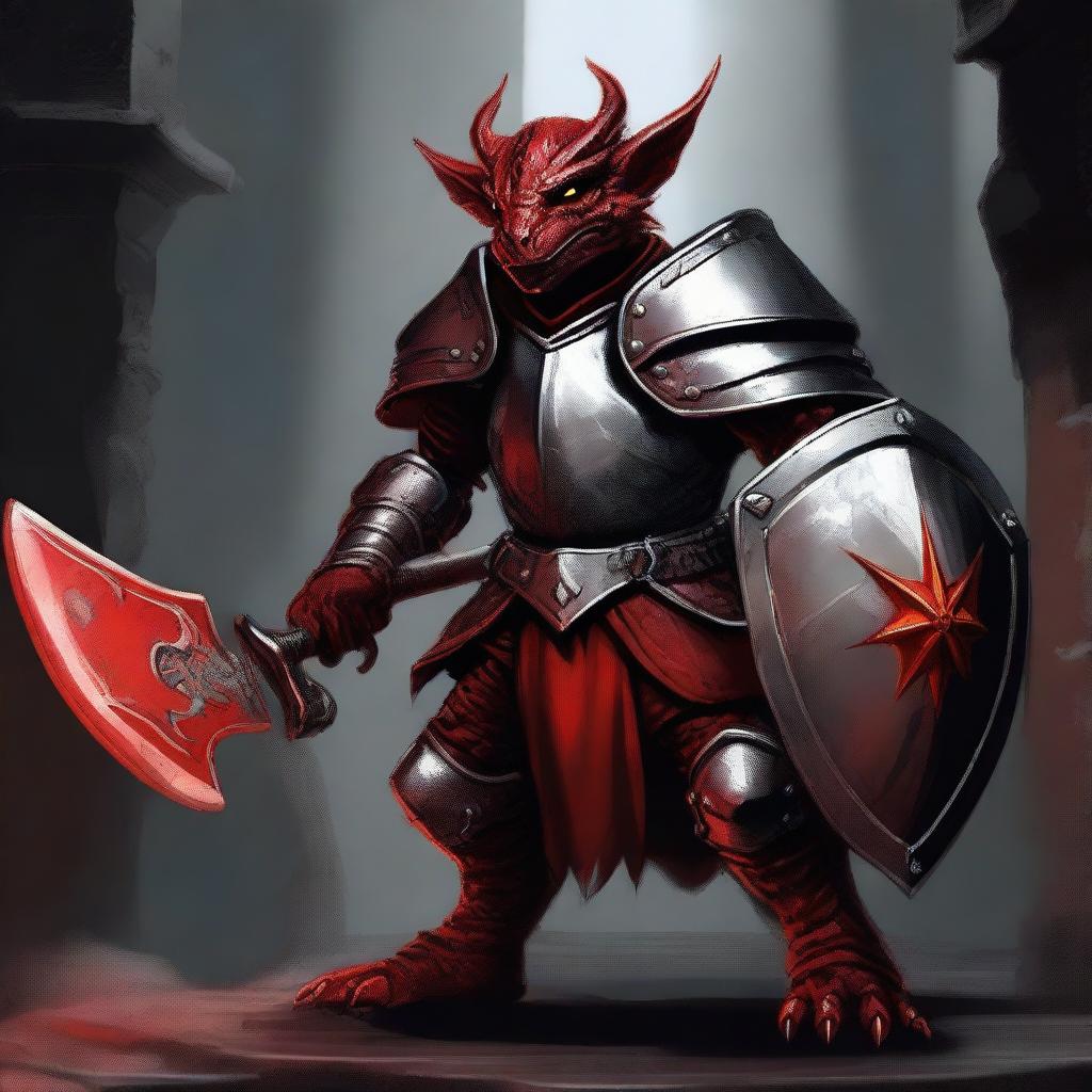 This is an exceptional digital art image illustrating a small, red-skinned kobold paladin