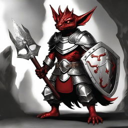 This is an exceptional digital art image illustrating a small, red-skinned kobold paladin