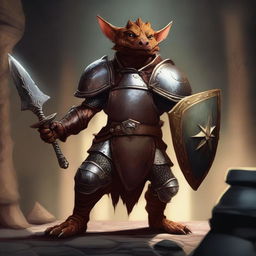 A top-notch digital art representation of a kobold paladin in gleaming heavy armour, wielding a morning star and a shield in a dimly lit dungeon