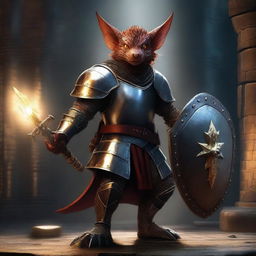 A top-notch digital art representation of a kobold paladin in gleaming heavy armour, wielding a morning star and a shield in a dimly lit dungeon