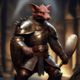 A top-notch digital art representation of a kobold paladin in gleaming heavy armour, wielding a morning star and a shield in a dimly lit dungeon