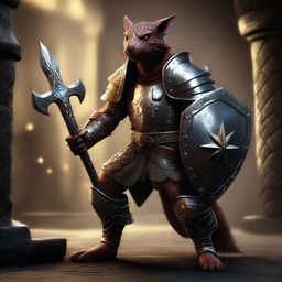 A top-notch digital art representation of a kobold paladin in gleaming heavy armour, wielding a morning star and a shield in a dimly lit dungeon