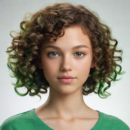 A teenage female character with light skin, vibrant green eyes, and curly brown hair adorned with side bangs and green tips