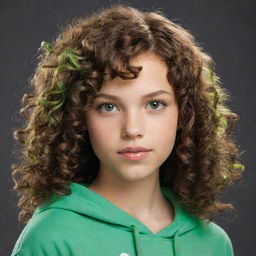 A teenage female character with light skin, vibrant green eyes, and curly brown hair adorned with side bangs and green tips