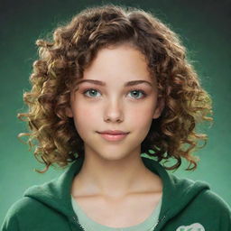 A teenage female character with light skin, vibrant green eyes, and curly brown hair adorned with side bangs and green tips